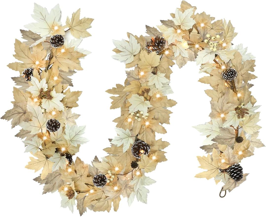 6 FT Realistic Fall Garland with Lights Timer Function Fall Leaves Maple Garland with Berries Pine Cones Autumn Automatic Fall Decorations for Home Mantle Fireplace Porch Table Decor (Elegant Autumn Colors)