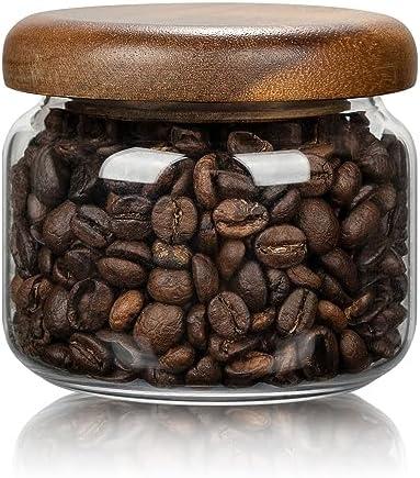 piconesper 1 PC Small Glass Storage Jars with Airtight Lids, 10 fl oz (300ml) coffee container with Wooden Lid, Glass Pantry Canister for Beans, Rice, Sugar and etc