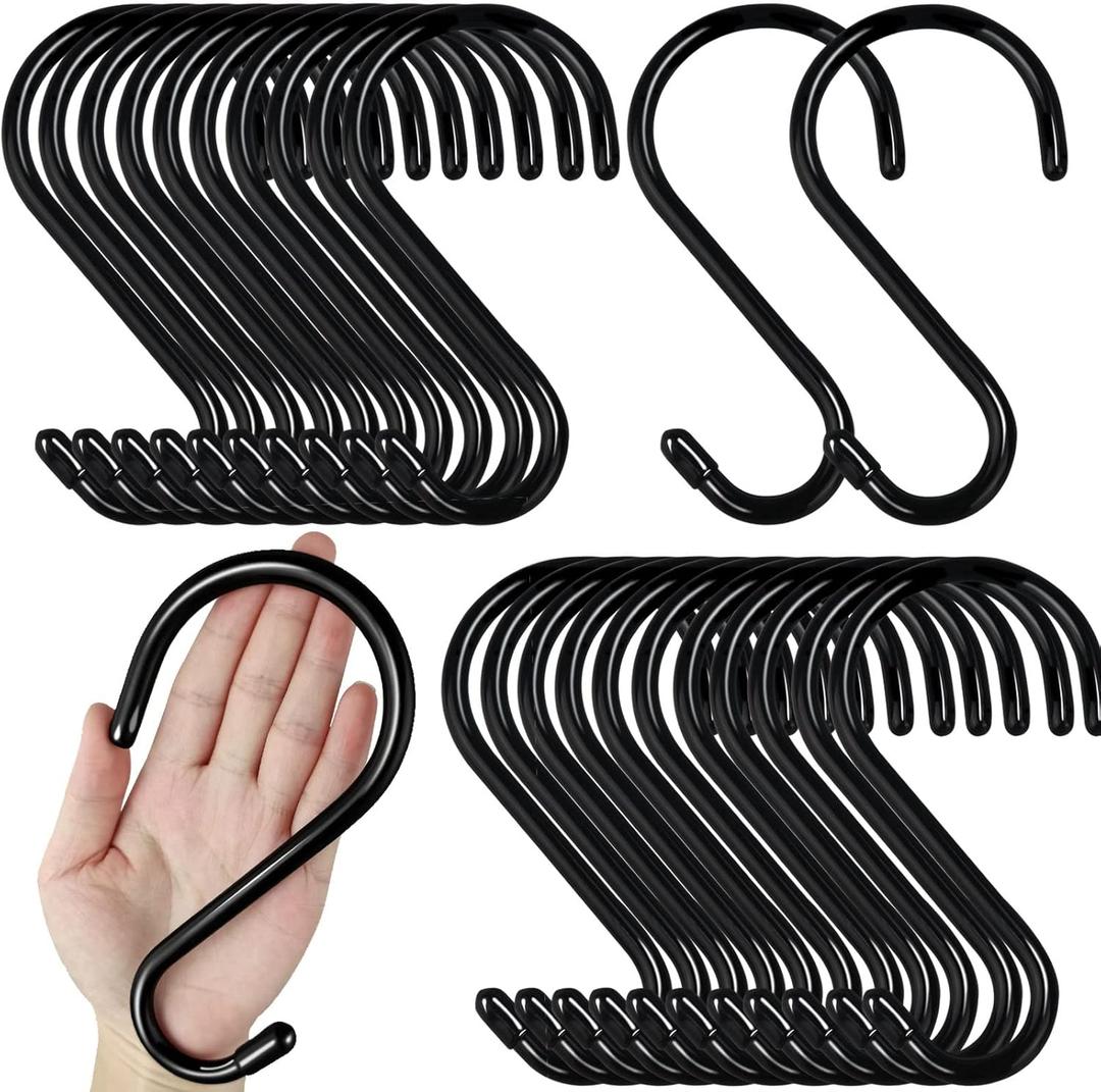 24 Pack Heavy Duty S Hooks, Non Slip Rubber Coated, 7mm Thick Metal Black S Hooks for Hanging Plants, Closet, Bird Feeders, Kitchen, Large Objects, Tools, Bikes