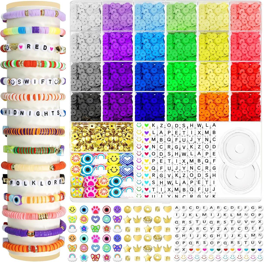 ARTDOT 5342 PCS Clay Beads for Friendship Bracelets Making Kit, 24 Rainbow Colors Jewelry Making Supplies Heishi Beads with Elastic String and Organizer Gifts