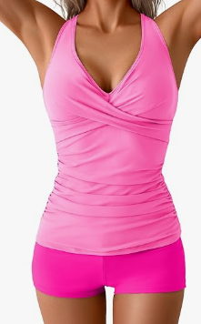 B2prity Women's Tankini Swimsuits Tummy Control Ruched Two Piece Bathing Suit V Neck Wrap Tie Back Swimwear with Shorts XL