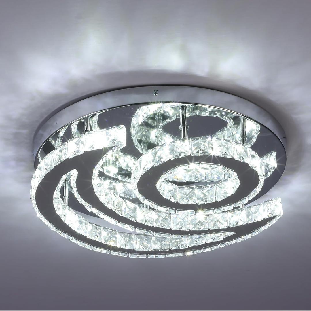 CXGLEAMING 15.7" Modern LED Ceiling Light Flush Mount Crystal Chandelier Light Fixture Round Moon Shape Modern Chandeliers for Living Room Bedroom Bathroom Hallway(3 Color Changeable)