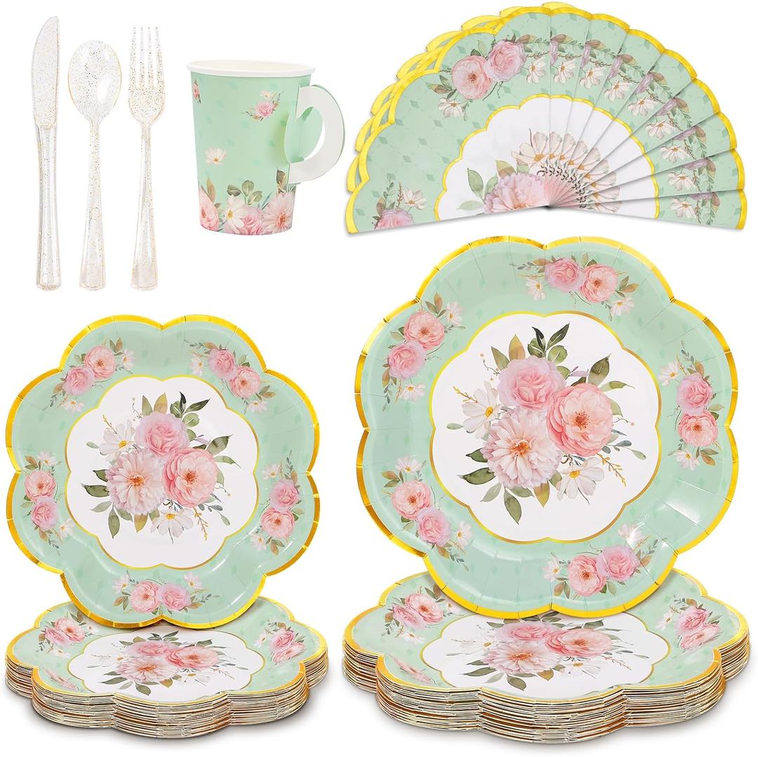 Boosolo Tea Party Supplies Serves 24, Tea Party Plates and Napkins Sets Include Paper Saucers, Teacups with Handles, Tableware for Girl's Birthday, Tea Party Decoration