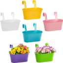 Foraineam 6 Pack Hanging Flower Pots, Metal Iron Plant Pot Holders, Garden Pots Balcony Planters, Metal Bucket Flower Holders Wall Hanging Decor Pot with Detachable Hooks for Railing Fence Balcony