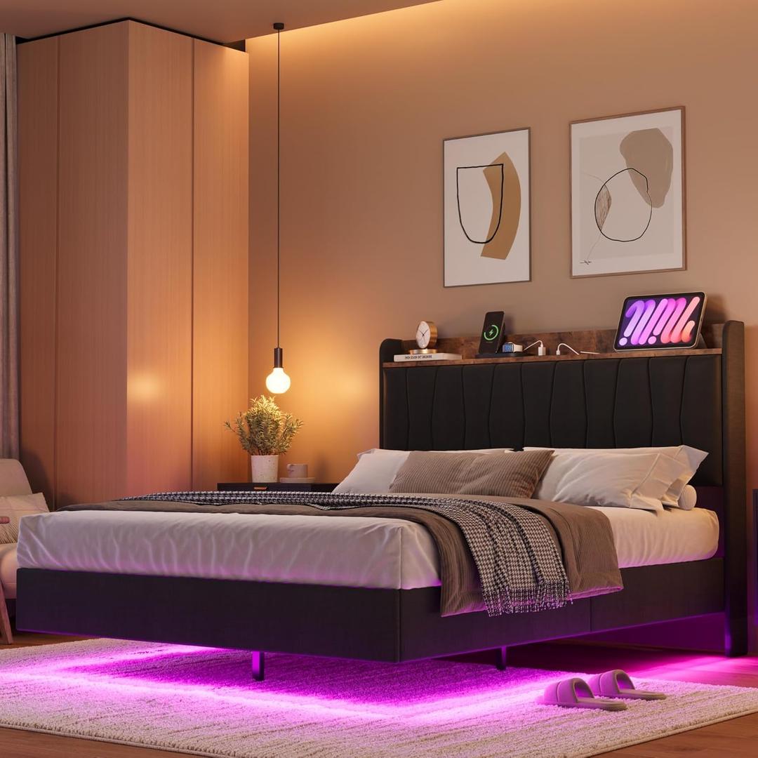 IDEALHOUSE Full Floating Bed Frame with LED Lights & Charging Station, Upholstered Platform Bed with Storage Headboard, Wood Slats Support, No Box Spring Needed, Easy to Assemble, Black