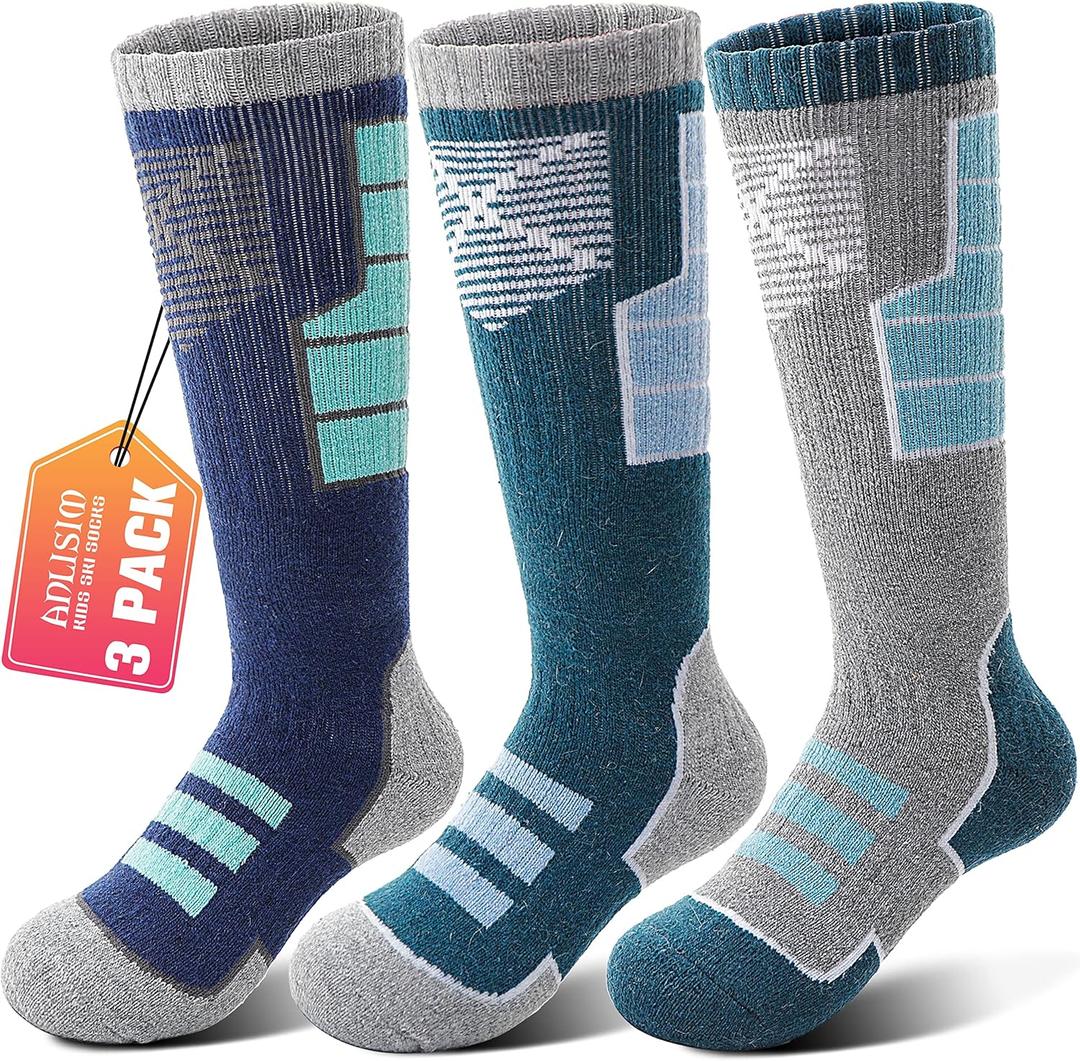 Anlisim Kids Merino Wool Ski Socks 3 Pairs Girls Boys Thermal Winter Warm Thick Breathable Socks for Skiing Snowboarding (12-15 Years, Grey / Dark Blue / Green C)