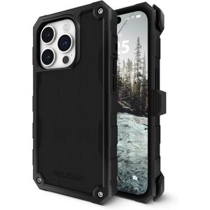 Pelican Shield iPhone 15 Pro Max Case - Compatible with MagSafe - 21FT Military-Grade Drop Protection - Rugged iPhone 15 Pro Max Phone Case with Belt Clip Holster - Brushed Aluminum