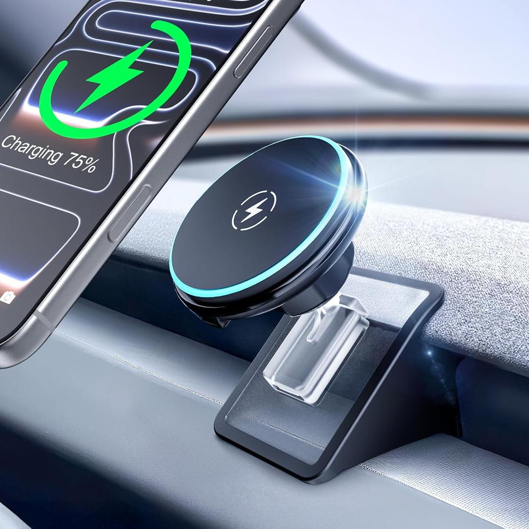 CloudValley Magnetic Qi2 15W Wireless Charger Phone Mount for Tesla Model 3 Highland Model Y Juniper, Strong Grip, 360 Adjustable, Dashboard Car Charger Holder 2025, Design for iPhone MagSafe 17-12