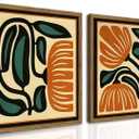 Mid Century Floral Wall Art Set of 2, Modern Square Abstract Botanical Wall Decor Picture, Vintage Boho Eclectic Plant Canvas Prints Paintings for Bedroom Living Room 16x16 inch Wood Framed