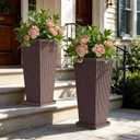 24" Tapered Tall Planters for Outdoor Plants with Tray&Shelf, Brown, 23.6"H x 10.2"W x 10.2"W