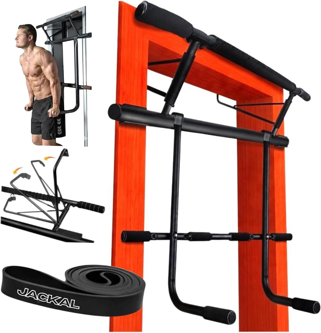 JACKAL Door Pullup Bar and Dip Bar Station - Multi Grip, Removable Dip Bars, Rigid NO WOBBLE, Easy Folding Storage, No Screws, Dip Station and Pull-up Bar for Doorway, Collapsible Dip Station, No Door Damage, High Weight Capacity, Foldable Bodyweight Workout Station