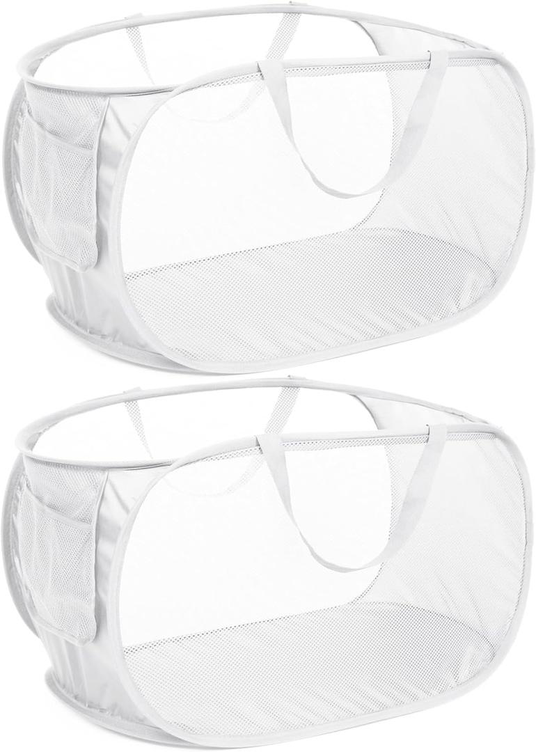 Strong Mesh Pop Up Laundry Basket, Collapsible Laundry Hamper with Side Pocket, Foldable Clothes Hamper with Durable Reinforced Handles for Laundry, Bathroom, Kids Room, Dorm or Travel 2 Pack White