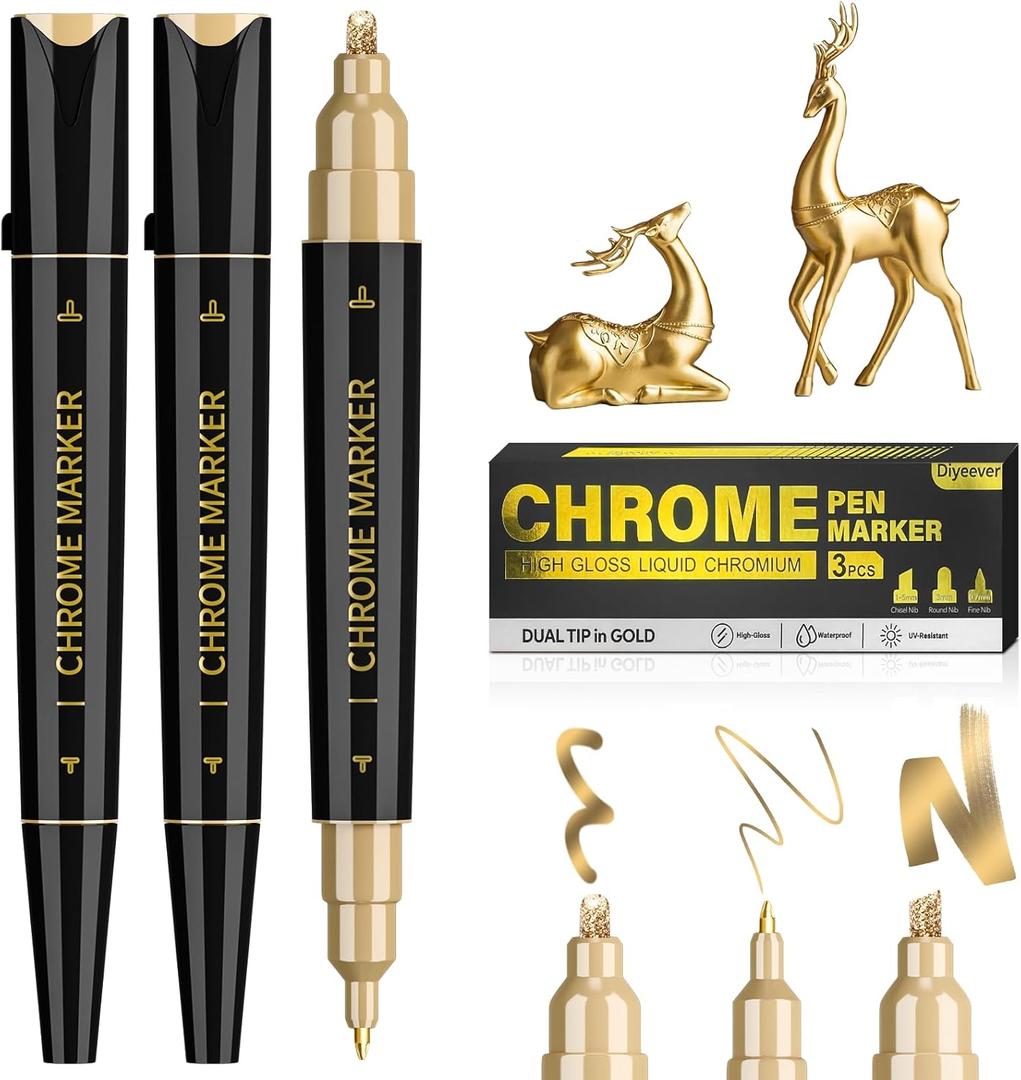 3 Pack Dual Tip Liquid Gold Chrome Markers, Permanent Shiny Gold Marker Pen for Most Surfaces, Golden Metallic High-gloss for Model Repairing, Painting, Marking or DIY Art Project