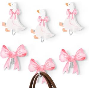 6 Pcs Decorative Goose Wall Hooks Bow Hooks Kids Room Pink White Bow Goose Wooden Hanger Holders Coquette Room Decor Cute Towel Hanger for Nursery Bathroom Bedroom Decoration