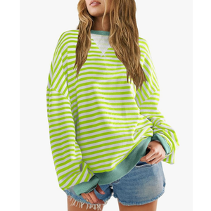SENSERISE Womens Oversized Classic Striped Crewneck Sweatshirts Long Sleeve Color Block Shirts Casual Tops Size L