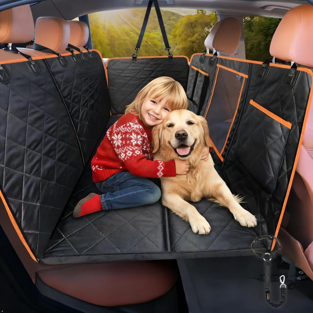iBuddy Car Seat Cover for Dogs Offer Large Space Hard Bottom Back Seat Extender Support 420LB, Waterproof Dog Hammock Protects Rear Seat from Fur, Scratches and Dirt for Car/SUVs Easy to Clean (BLACK)