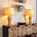 24.4" Boho Table Lamps for Living Room, Bedside Lamp for Nightstands, Rattan Lamp Wicker Lamp for Bedroom, Farmhouse Rustic Woven Table Lamp for Kitchen Room Decor, End Table, Retro(No Bulb)