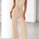 PRETTYGARDEN One Piece Jumpsuits for Women Dressy Summer Travel Outifts Casual Sleeveless Mock Neck Wide Leg Rompers(Beige,XX-Large) (XXL)