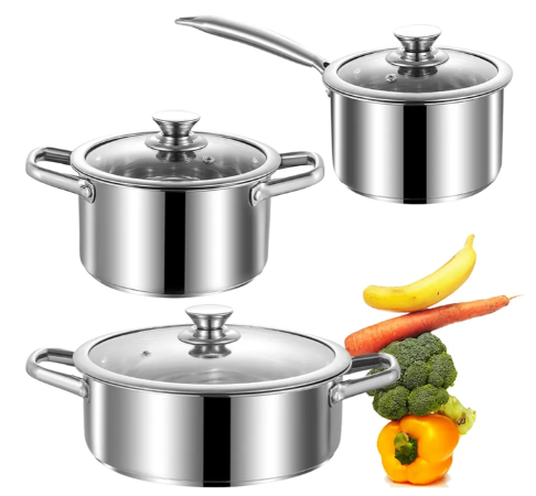 Stainless Steel pots and pans set, 6 Piece Nonstick Induction Kitchen Cookware Set, Works with Induction/Electric and Gas Cooktops, Nonstick, Oven Safe, Camping Cookware