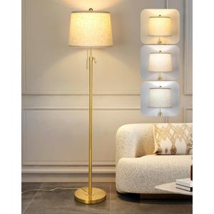 Gold Floor Lamp for Living Room 55-65" Adjustable Modern Brass Standing Lamp with Pull Chain Tall Pole Light with Beige Shade for Bedroom Reading Office Corner Nursery 9W LED Bulb Included 3 ColorTemp