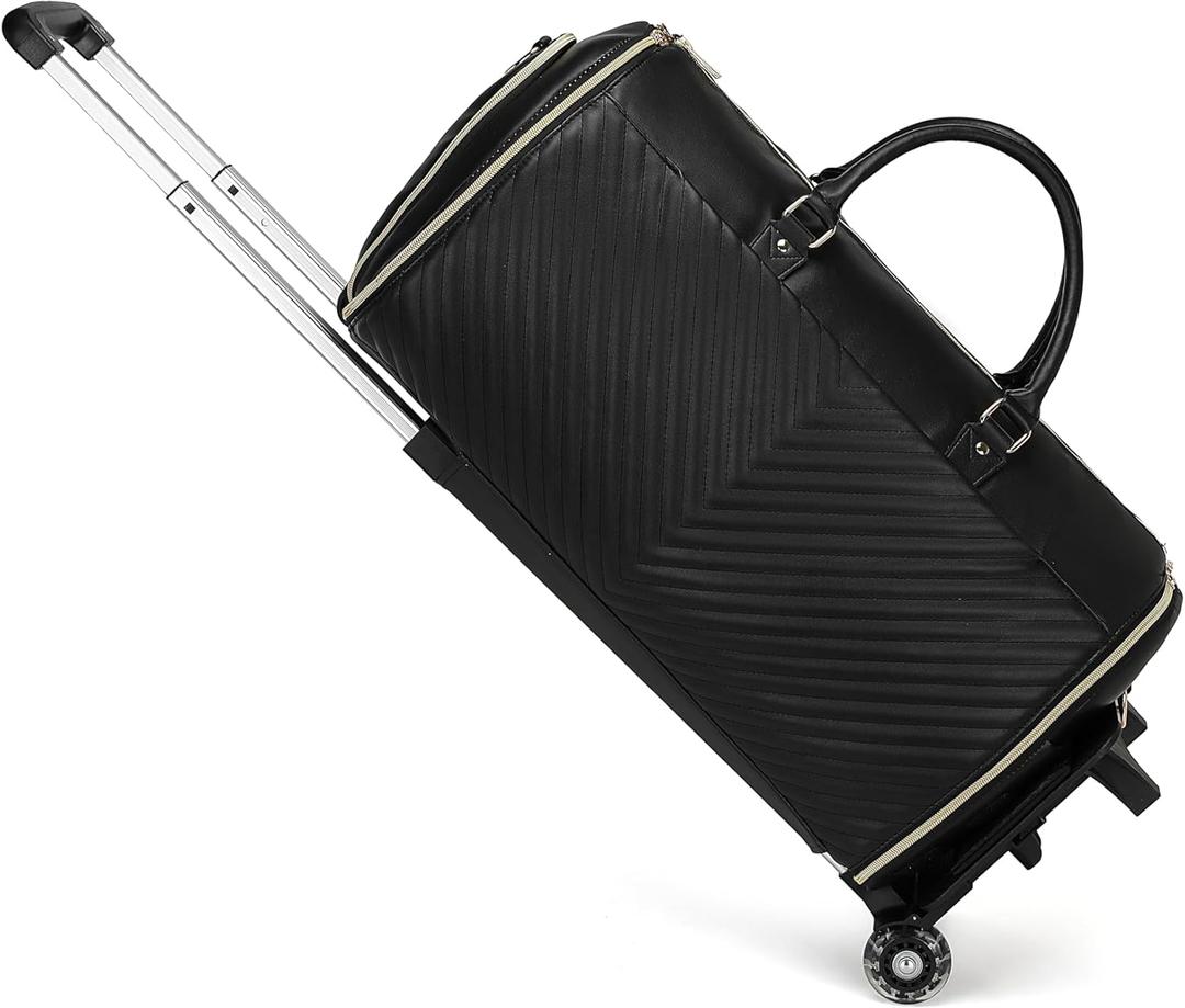 Pro Rolling Garment Bag - Detachable Handle & Extended Base, Waterproof PVC Leather with Shoe/Cosmetic Pockets, Silent Wheels for Air Travel/Weddings (48.5" Hanging SystemBlack