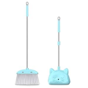 Mini Broom with Dustpan for Kids, 28-in Handle Kids Broom and Dustpan Set for Toddlers Cat-Shaped Children Broom and Cleaning Set Boys Girls Small Housekeeping Helper Set, Blue