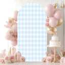 7.2FT Wedding Arch Backdrop Cover Light Blue Gingham Spandex Fitted Round Top Backdrop Stand Cover for Birthday Party Ceremony Banquet Decoration
