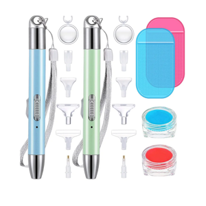 Chuangdi 2 Pcs Diamond Painting Art Drill Pen with Light Diamond Painting Accessories and Tools 12 Pen Heads 2 Anti-slip Mats 2 Wax Organizer Cases for DIY Craft Supplies(Blue, Green)