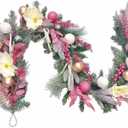 20 inch Pink Christmas Garland for Front Door, Artificial Cedar with White Magnolia Flowers Paired with Pink Berry Balls for Window Wall Porch Indoor and Outdoor Home Decorations