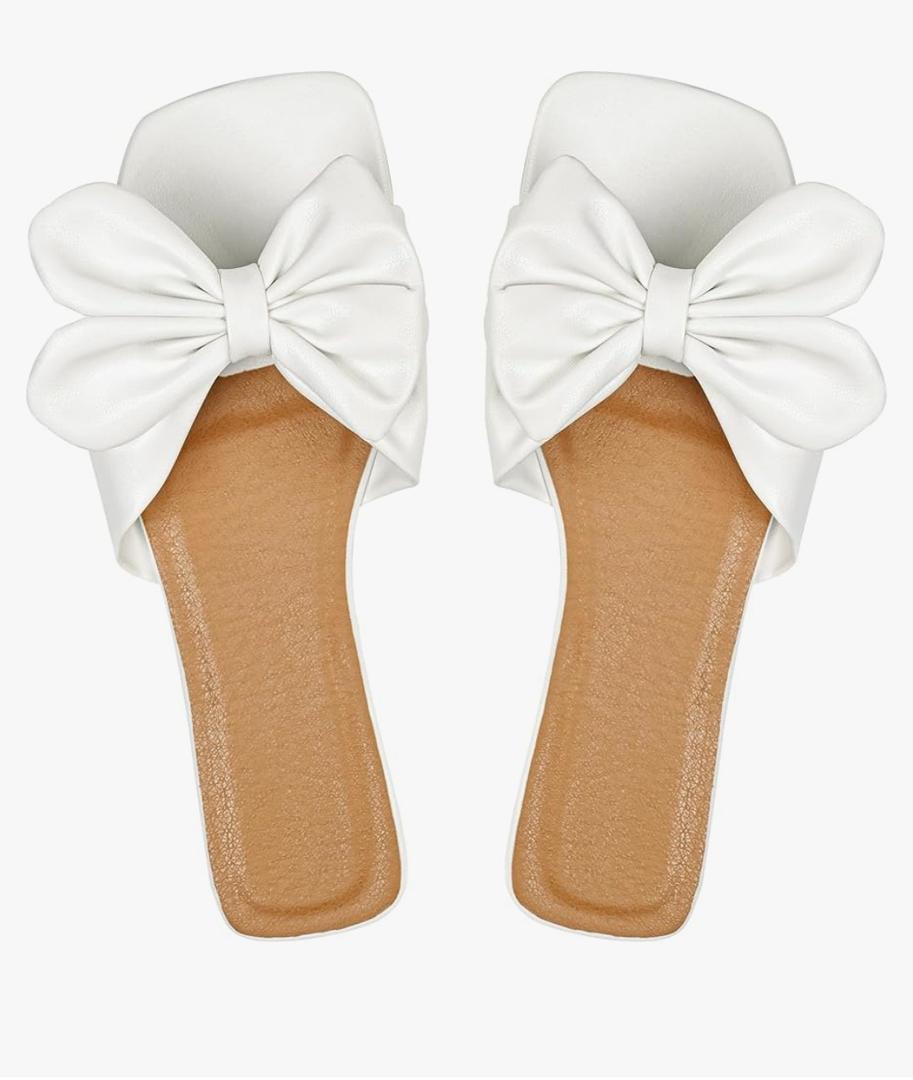 Women's Bow Flat Sandals Dressy Square Open Toe Sandals Slip On Slide, Size 43