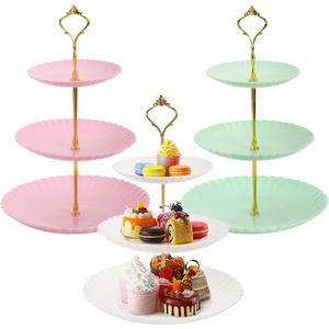 Tosnail 3 Pack 3 Tiers Plastic Cupcake Stand, Round Dessert Stand, Tiered Serving Trays with Gold Rod, Party Serving Trays, Fruit Pastry Holders for Wedding and Party - Assorted 3 Colors