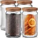 4 Pcs Ribbed Glass Jar with Lids 32 oz Glass Food Storage Jars with Acacia Lid Airtight Storage Containers Vintage Decorative Home for Kitchen Counter, Pantry, Coffee Bean, Grains, Tea