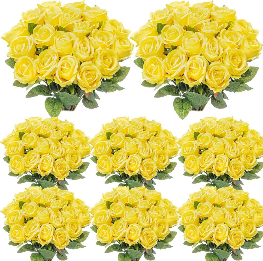 Hotop 80 Pcs Rose Artificial Flowers Bulk with Long Stem, Silk Roses Realistic Fake Flowers Bouquet for Wedding Table Centerpieces Bridal Shower Party Home Decorations (Yellow)