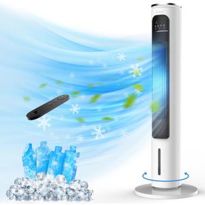 FLOWBREEZE Windowless Portable Air Conditioners, 37 Evaporative Air Cooler w/Remote, 2.5L Water Tank & 4 Ice Packs, 12H Timer Auto-off, 70 Oscillating, Quiet Cooling Tower Fan For Home Office, 12.6*12.6*37.3inch