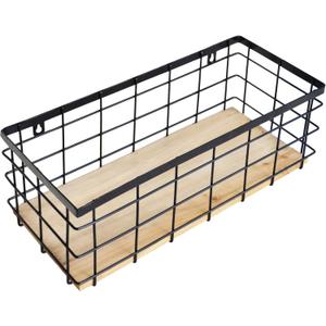 Metal Wire Basket Detachable Wood Base Storage Organizer Farmhouse Bin for Kitchen Cabinets, Bathroom, Pantry, Laundry Room, Closets1 Pack in Black Color,Size Big