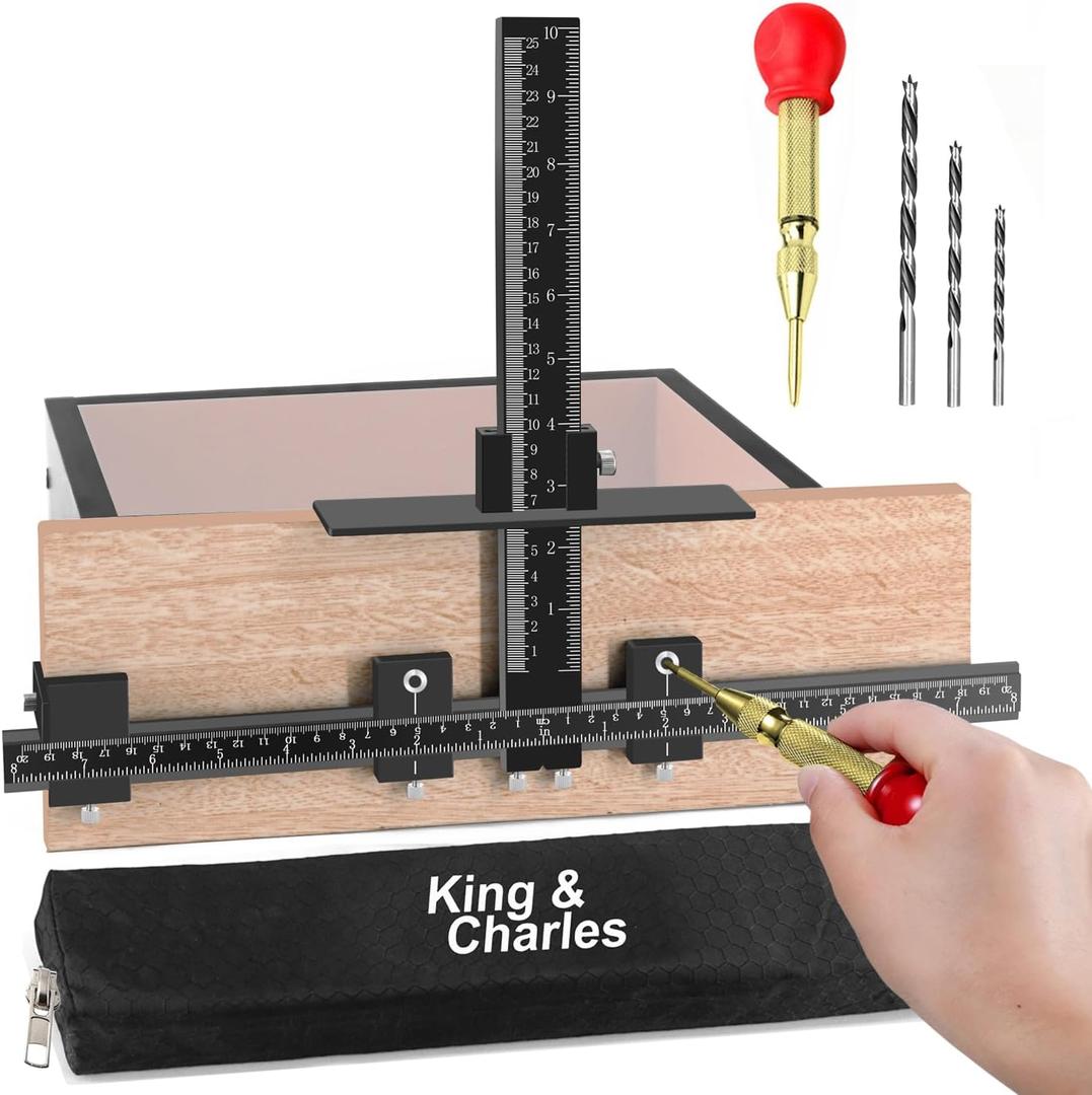 Cabinet Hardware Jig, King&Charles Aluminum Alloy Cabinet Handle Jig + Auto Hole Punch + Point Drils Bits, Use for Handles Knobs Pulls on Drawers/Doors, Wood Drilling Dowelling Guide Set.
