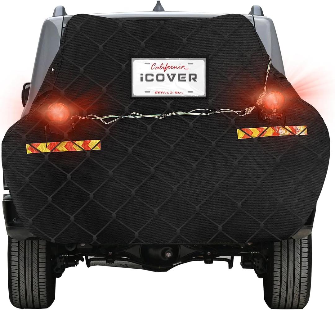 iCOVER Bike Cover for 2 Bikes transport on Hitch Rack, with Tail Lights & License Plate Pocket, 600D Heavy Duty Waterproof bicycle E-Bike Cover for transportation, Incl Towing Light & Bungee Cargo Net