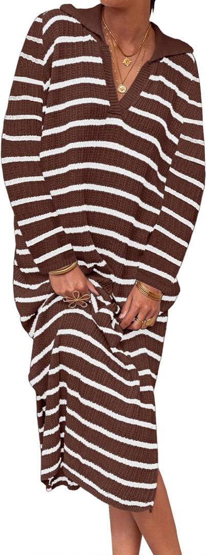 Saodimallsu Womens Striped Sweater Dress Fall Chunky Knit V Neck Collared Long Sleeve Sexy Slit Loose Midi Dresses (Small, Brown)