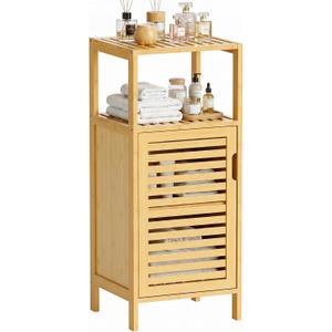 HITNET Bathroom Cabinet Freestanding, Small Bamboo Floor Cabinet, 4 Tier Single Door Sofa Side Table Storage Organizer, Space Saving Kitchen Cupboard, Natural