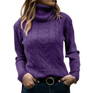 Langwyqu Womens' Turtleneck Long Sleeve Cable Knit Sweaters (Medium, Purple)