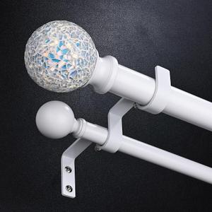 White Double Curtain Rod 72 to 144 Inch, Decorative Extra Long Dual Curtain Rod with Mosaic Glass Crystal Ball Finial, 1 Inch Adjustable Heavy Duty Cute Coastal Drapery Rods for Girls Room