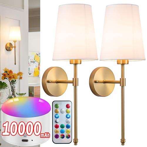 YHCDLAMP Battery Operated Wall Sconce Set of 2, Rechargeable Wall Sconce with 10000mAh Bulb and Remote, Up to 50 Hrs Use, RGB Dimmable Wireless Wall Lights for Living Room Bedroom Hallway