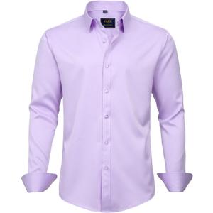 J.VER Men's Dress Shirts Solid Long Sleeve Stretch Wrinkle-Free Formal Shirt Business Casual Button Down Shirts (Purple, L)