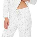 LYCY Womens Soft Stretch Pajama Set, Long Sleeve Rib Knit Sleepwear, Cozy Breathable 2-Piece Pjs Set with Bow Print (White, M)