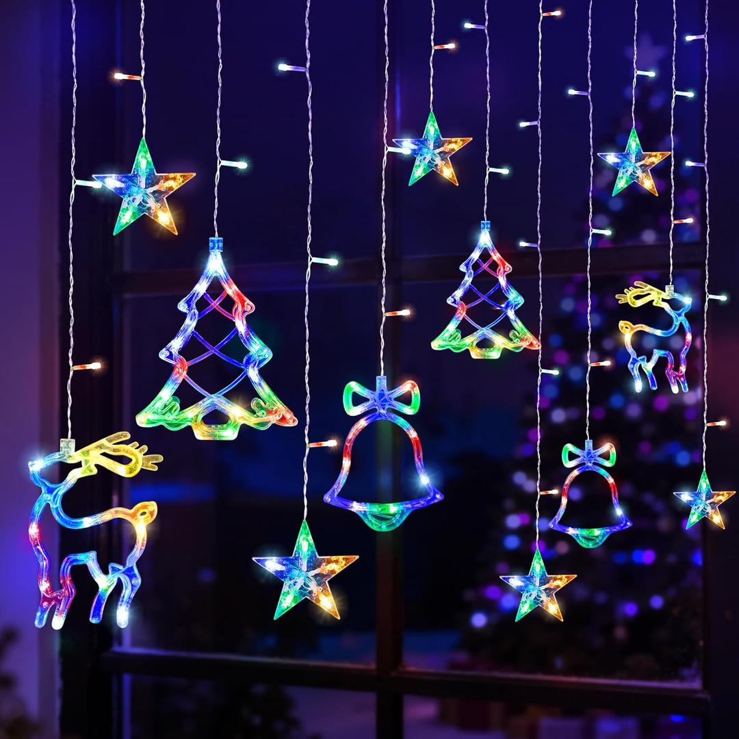 Attmu Christmas Window Lights, 120 Led Christmas Curtain Lights with 8 Modes, 9.84 Ft Tree Bell Deer Star Lights Xmas Decorations for Bedroom Wall Window Indoor Outdoor Party Decor, Colorful (Multicolor)