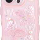Compatible with iPhone 16 Pro,3D Butterfly Design Cute Kawaii Bling Frame Shape Soft Silicone Shockproof Protective Phone Cover for Women Girls Pink