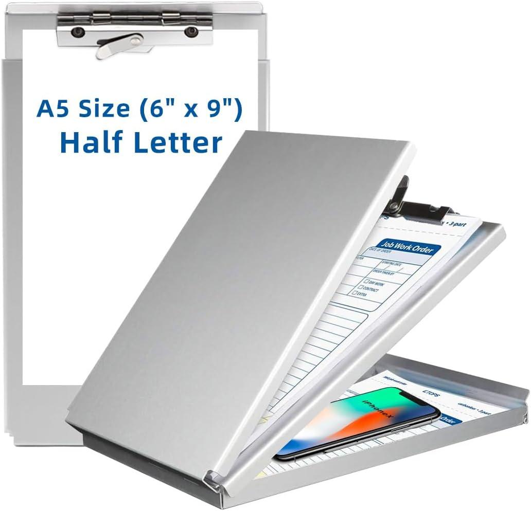 Sunnyclip Aluminum Clipboard with Storage(Memo Size), Recycled Metal Form Holder Binder Fits Paper Size up to 5.66 x 9.5 inches, A5 Size