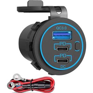 12v usb charger, PD 20W USB-C Power Socket and 18W QC3.0 Socket Waterproof Power Outlet 12V/24V with Power Switch 12V USB C Outlet for Car Golf Cart Boat Marine Bus Truck RV Marine Motorcycle 