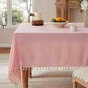 Linen Tablecloth with Tassels, Farmhouse Style Pink Tablecloth, Water Resistant Burlap Tablecloths for Rectangle Table, 60x120 Inch Pink