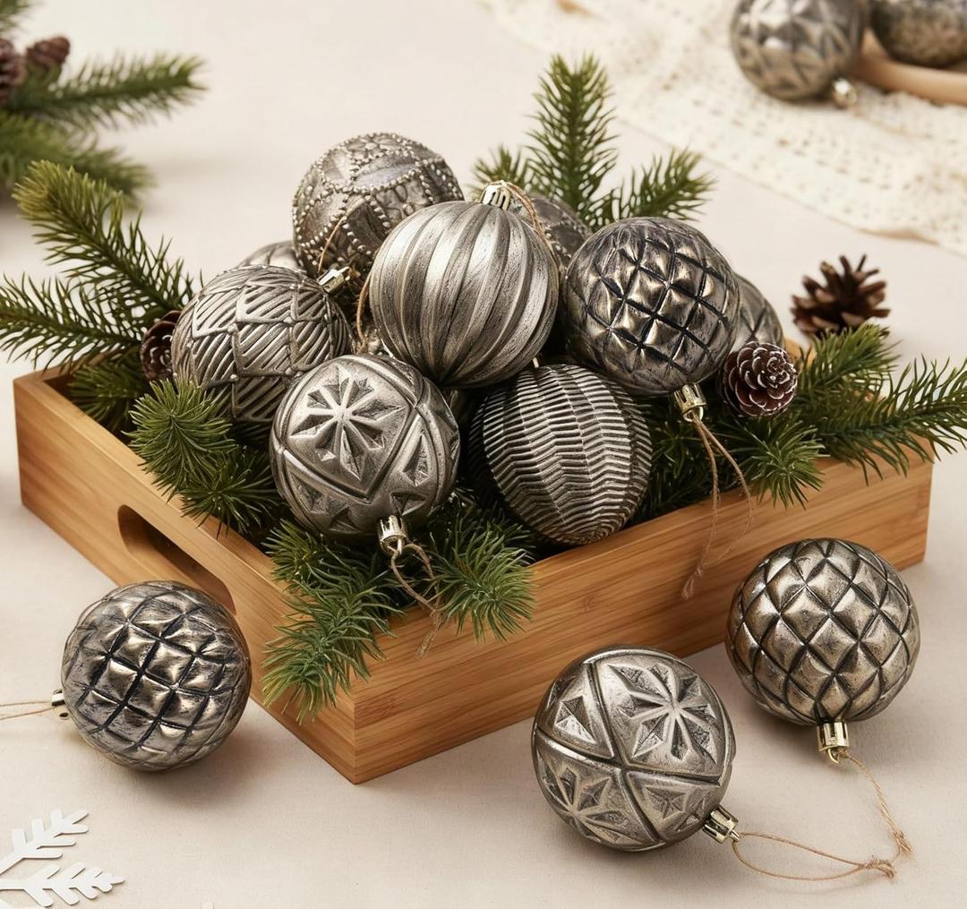 12 Pcs Vintage Neutral Textured Christmas Ball Ornaments 3.15 Inch Large Earth Tone Rustic Brown Bulb Ornaments Antique Shatterproof Distressed Farmhouse Modern Christmas Decor for Xmas Tree